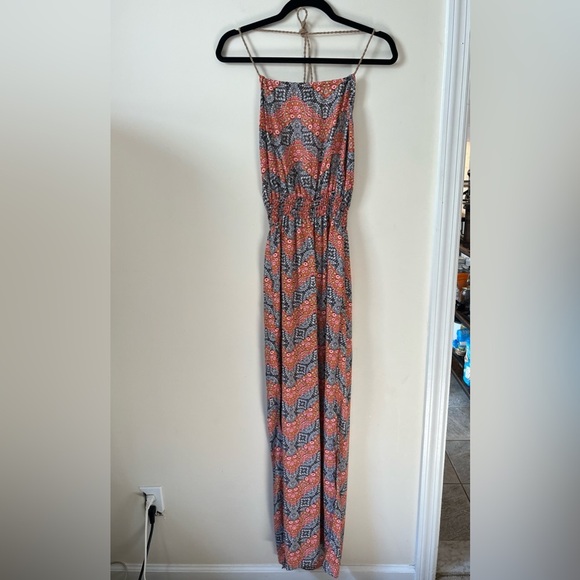 Colorful Coral Navy Beach Maxi Dress Halter Tie with Cork Detail Beachwear - Picture 2 of 5